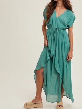 Elan Wrap Maxi Cover Up Maxi Dress Teal Green Gauzy Flowy Swimsuit Coverup M